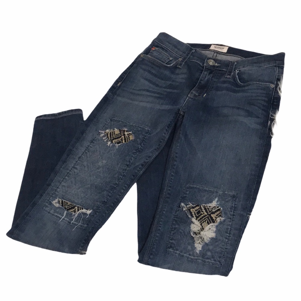 Hudson Distressed Patch Skinny Jeans - Picture 1 of 10